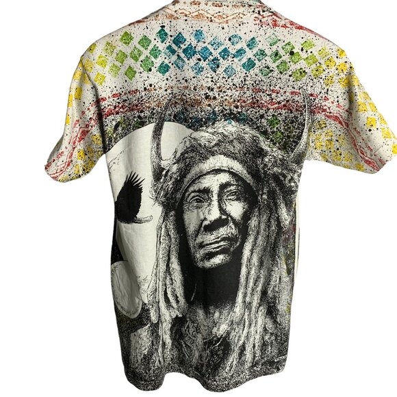 Vintage 90s Native American AOP T Shirt L White Crewneck Single Stitch Chief - Picture 5 of 8
